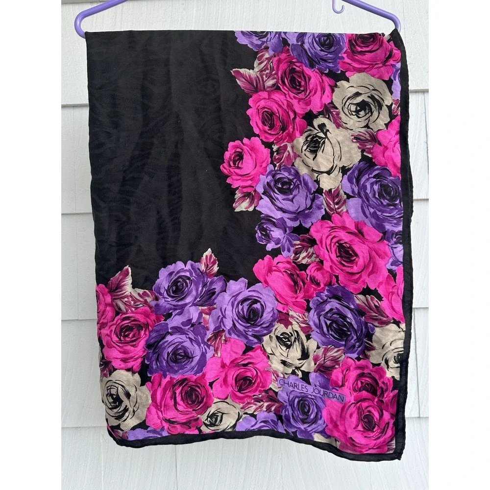 Vintage 1980s Charles Jourdan Silk Scarf 33x33 Floral Pink Purple Black‎